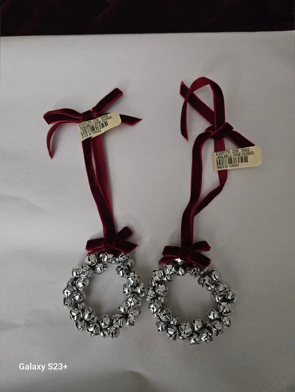 Pottery Barn Silver Bell Wreath Ornaments with Wine Red Velvet Ribbons